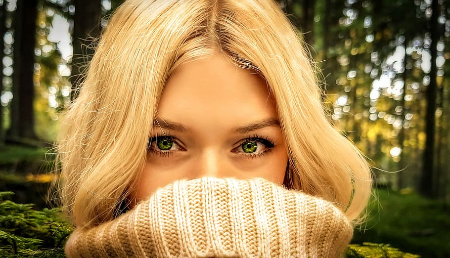 woman half-face, covered, turtleneck sweater, forest, nature, woman, young, pretty, human, portrait