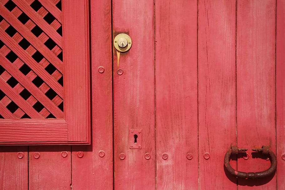 coklat, pengetuk pintu baja, merah, kayu, pintu, berkarat, pengetuk, lubang kunci, kunci, pegangan
