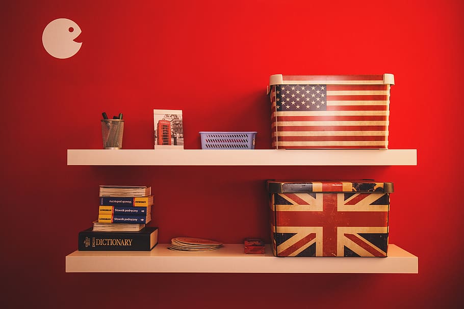 rojo, pared, interior, diseño, libros, conocimiento, bandera, caja, bandeja, mostrar