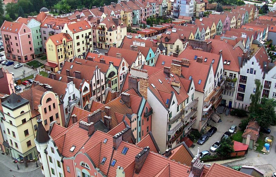kota, arsitektur, panorama, kota tua, townhouse berwarna, superstruktur, Polandia, eksterior bangunan, struktur yang dibangun, atap