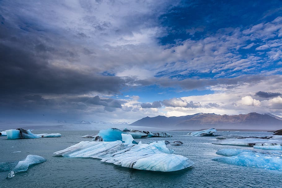 iceland, ice, glaciers, lake, water, sky, clouds, cold temperature, glacier, winter