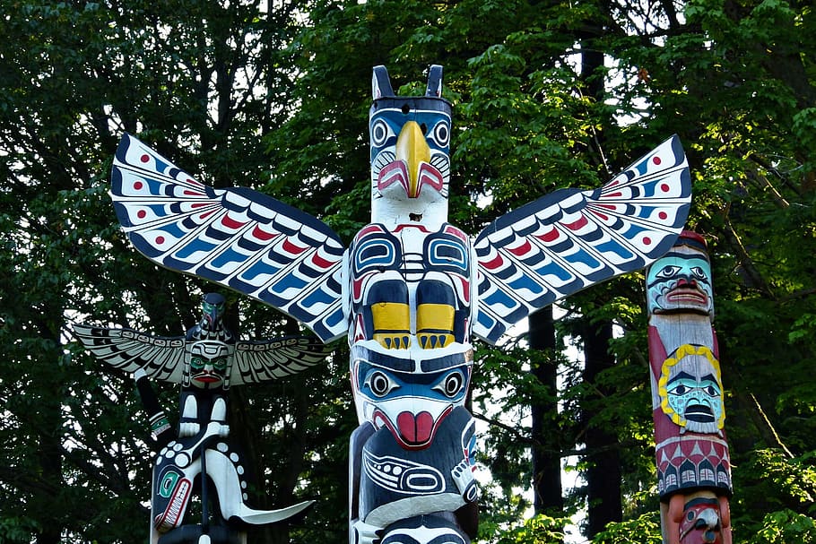 estátua de águia, Totens, Stanley Park, Vancouver, Columbia Britânica, árvores, natureza, nativo, trabalho artístico, totem Pólo