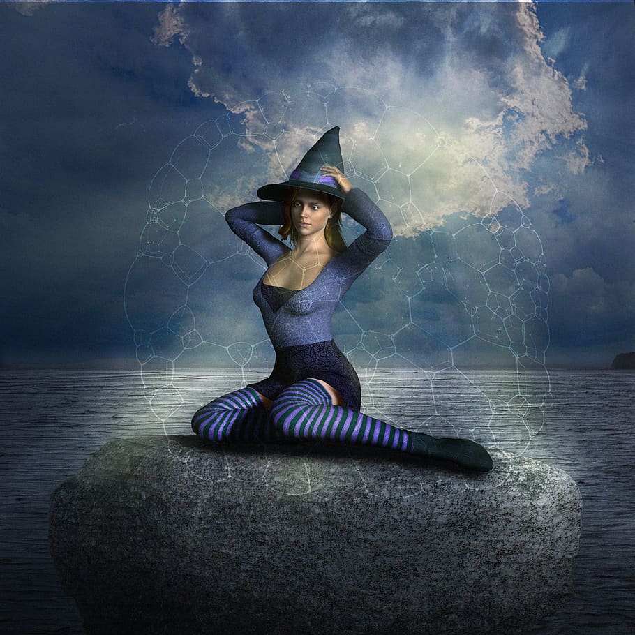 mujer, magia, sentado, místico, la bruja, agua, piedra, misterioso, cuentos de hadas, sueño