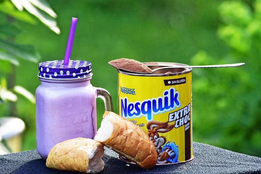 nesquik, cocoa, cocoa powder, milk, crescent, breakfast, brunch, snack, picnic, food-drink