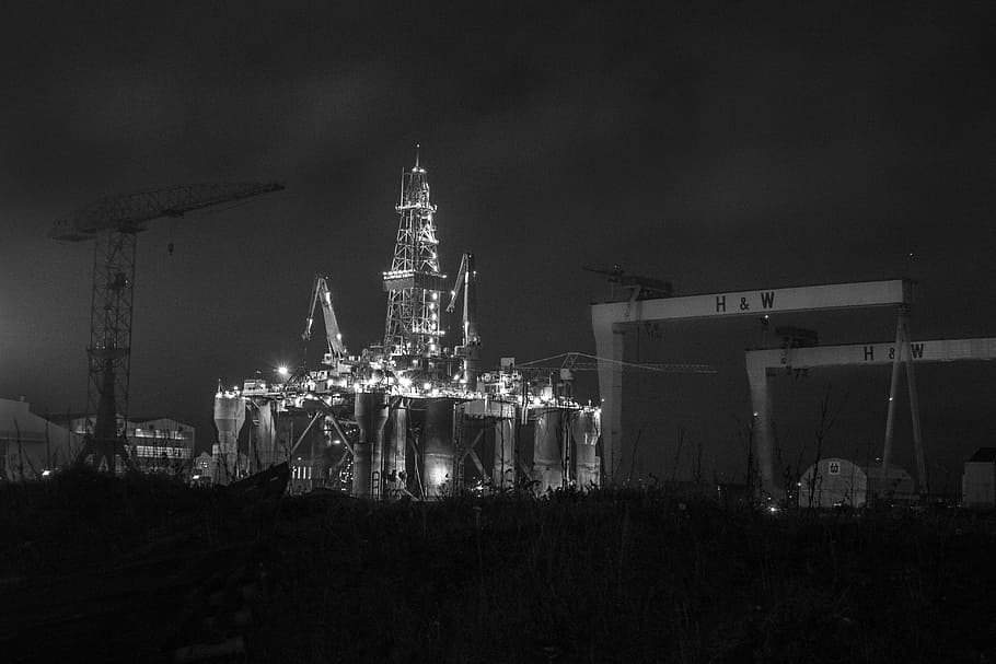 grayscale photo, structure, Belfast, Oil, Rig, Harland, Shipyard, oil, rig, wolff, northern