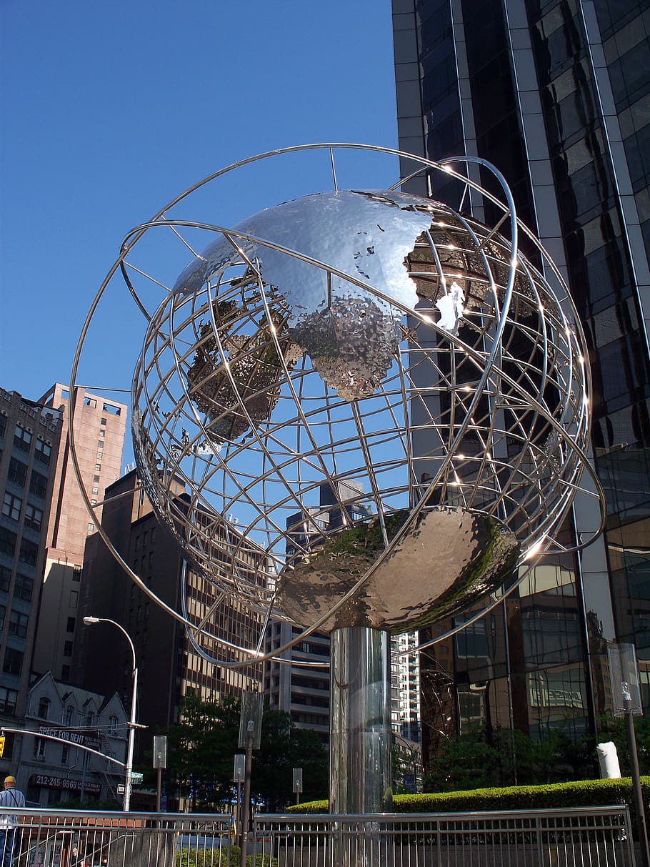 manhattan, time warner, new york, sphere, world, architecture, built structure, building exterior, day, low angle view