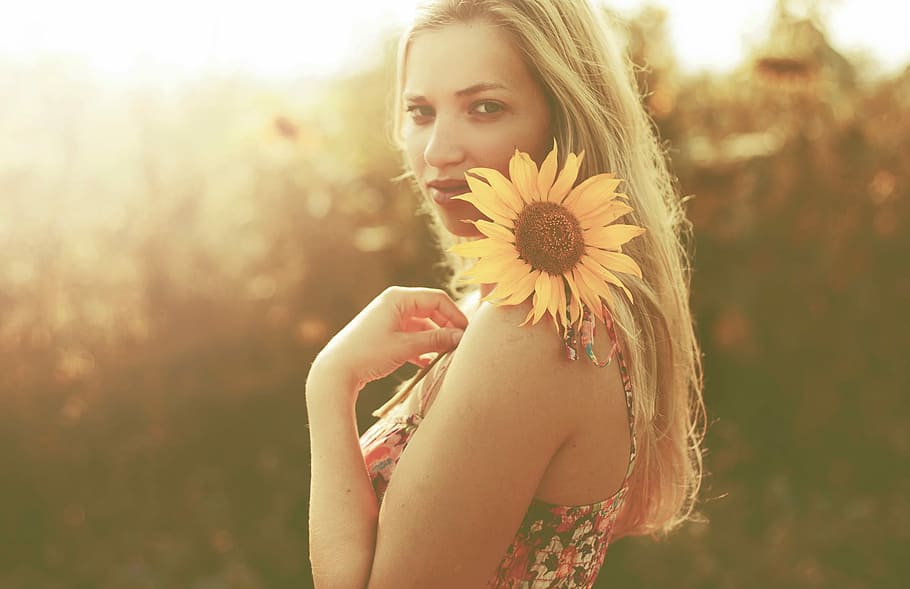 woman, holding, sunflower, sunset, outdoors, nature, women, one Person, people, summer