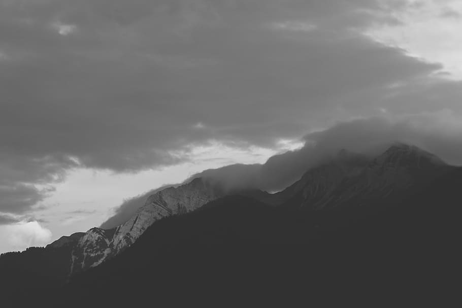 foto grayscale, gunung, awan, hitam, putih, foto, puncak, lanskap, alam, langit