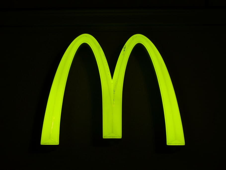mcdonald's logo, shield, advertising sign, neon sign, advertising, mcdonalds, neon green, green, neon, billboard
