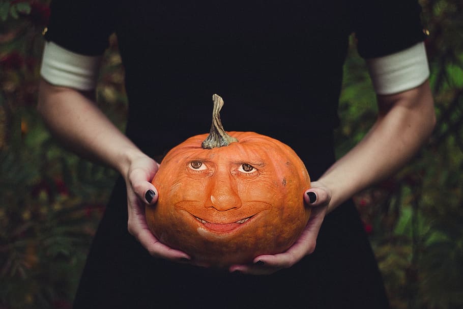 woman, holds, pumpkin, face, halloweenkuerbis, pumpkin face, halloween, autumn, orange, fun