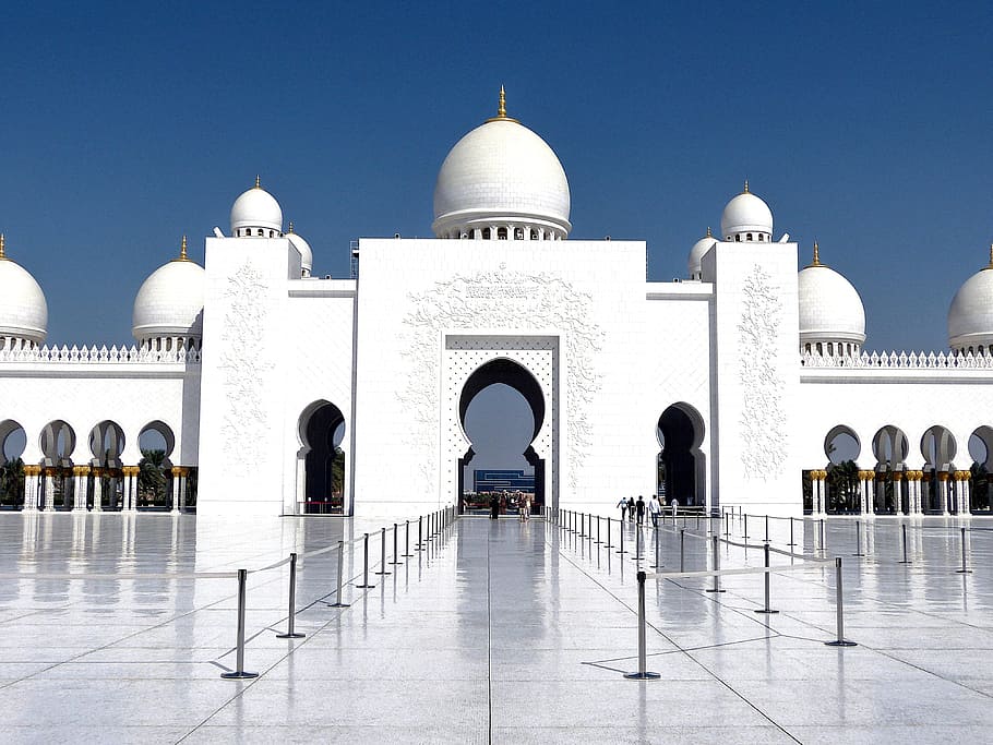 Gente, de pie, caminando, edificio, Uae, mezquita, fe, islam, arquitectura, Abu Dhabi