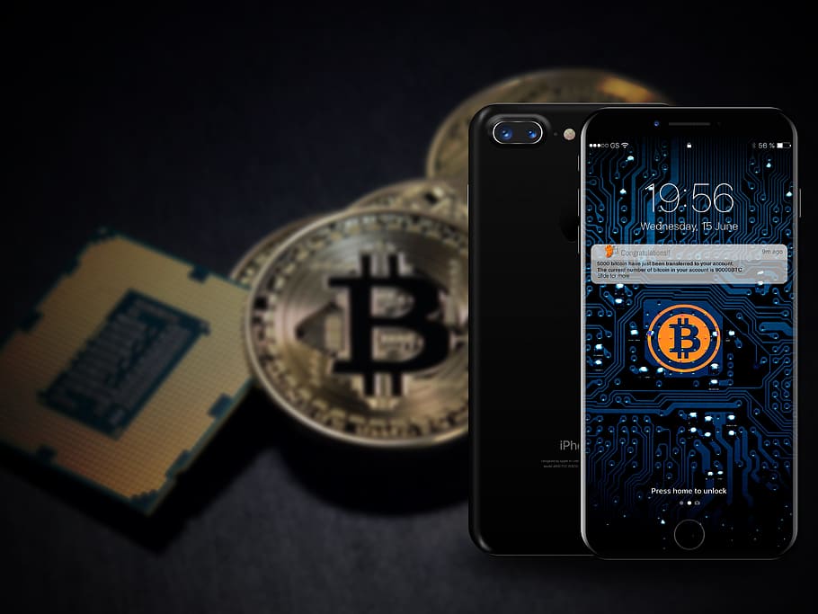 jet, black, iphone 7, plus, displaying, bitcoin wallpaper, iphine 8, bitcoin, technology, electronic