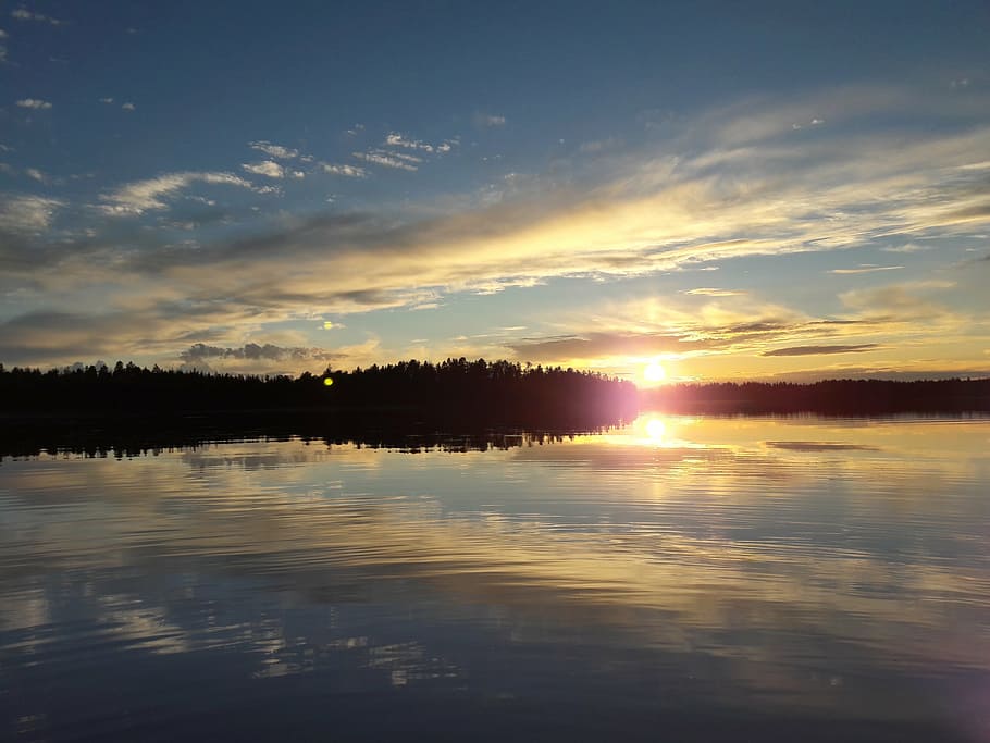 lake, water, solar, sunset, reflection, mirroring, cloud, summer, evening, edge of