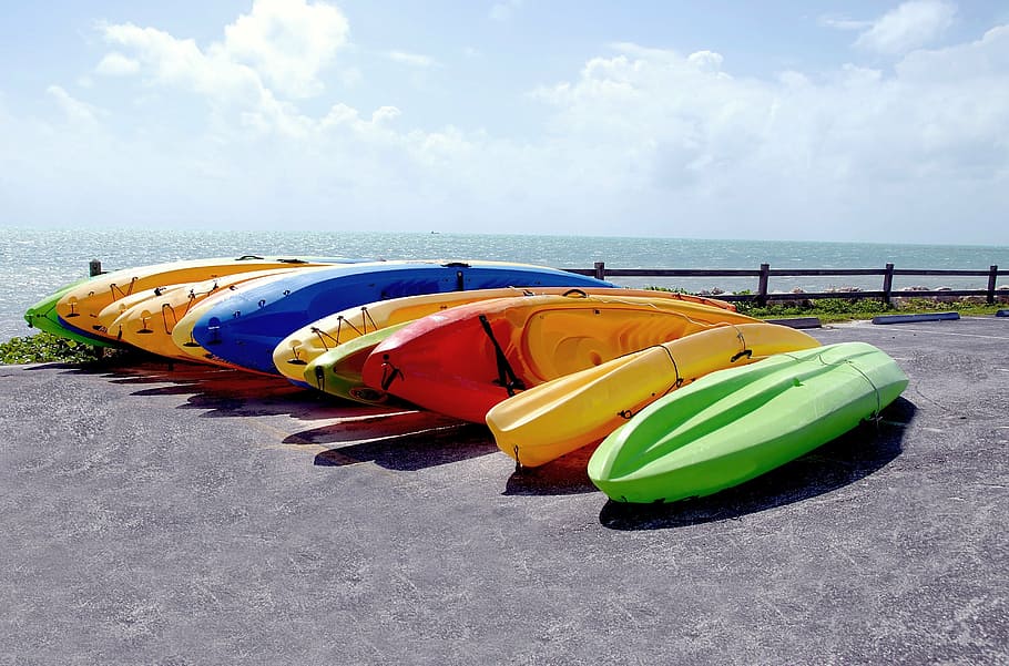 alineado, kayaks de varios colores, gris, playa, día, foto, kayaks, en alquiler, colorido, recreación