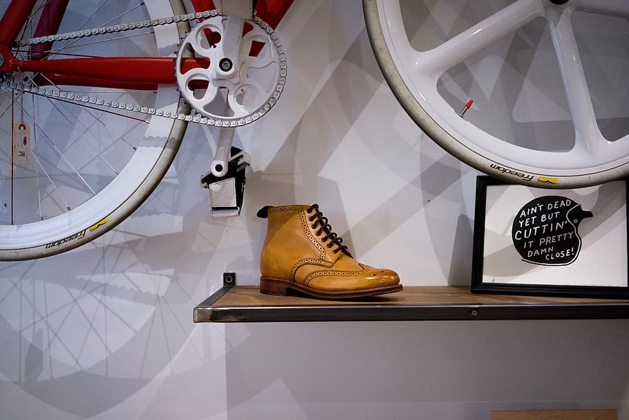 unpaired, brown, leather dress shoe, home, decoration, bicycle, hanging, road bike, shoe, shelf