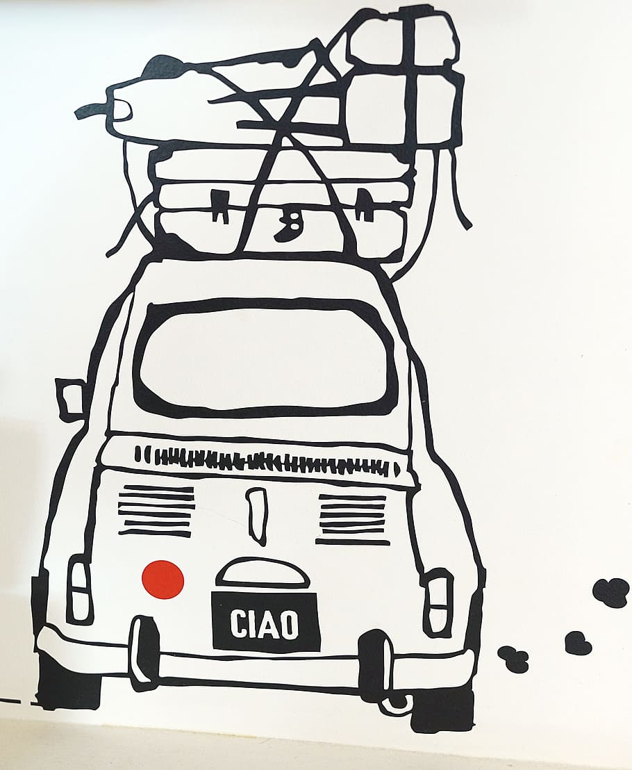 red car illustration, cartoon, fiat, 500, travel, trip, luggage, italian, italy, mode of transportation