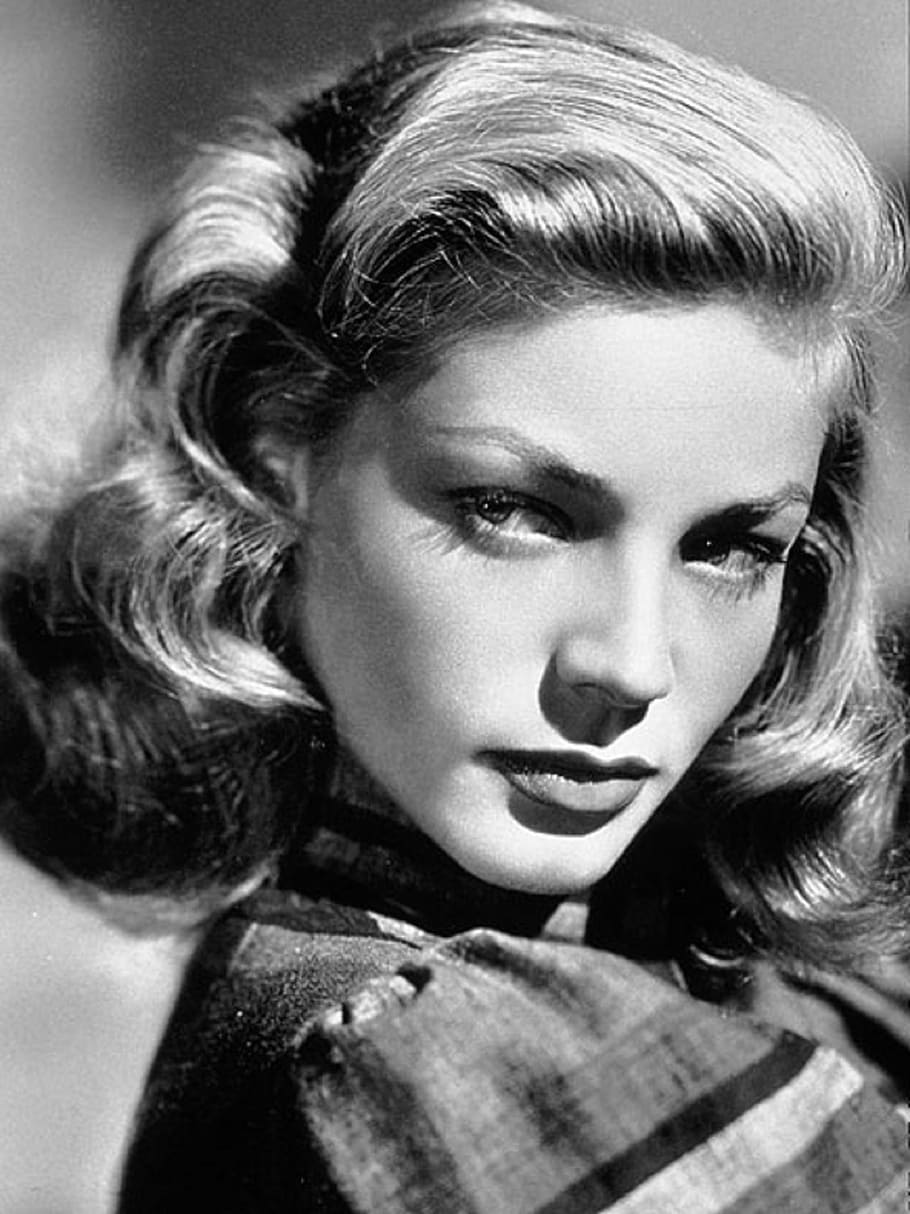 grayscale photo, woman, wearing, top, lauren bacall, actress, classic, movies, films, cinema
