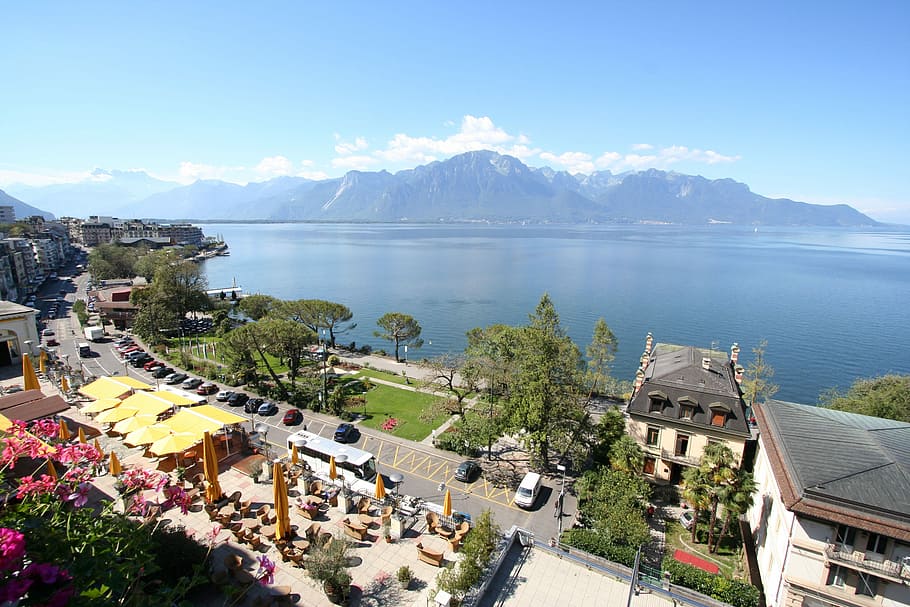 landscape, Lake Geneva, Montreux, Switzerland, photos, landscapes, mountain, public domain, sky, town