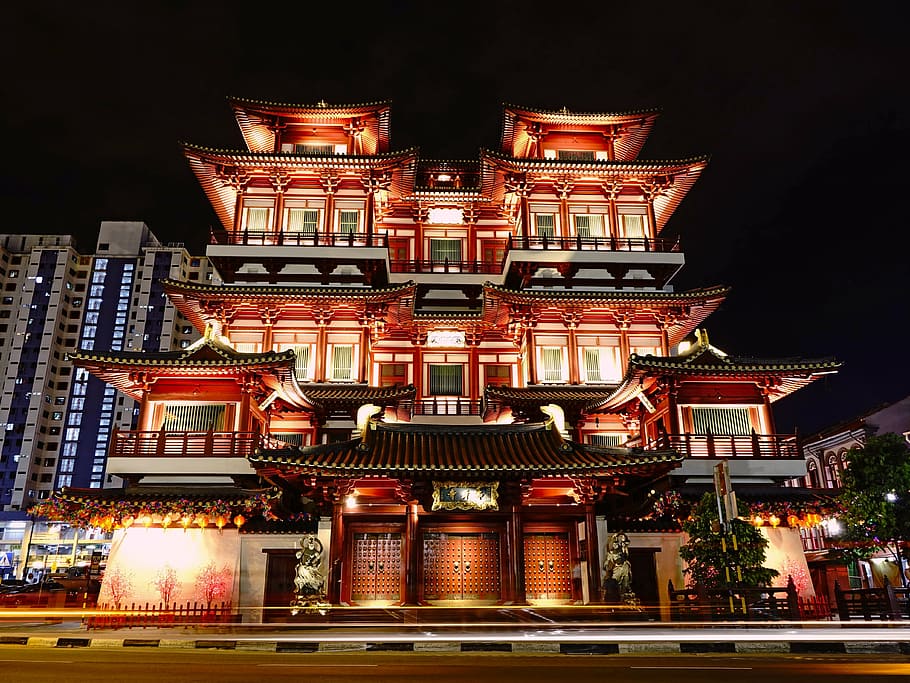 lighted red pagoda, buddha tooth relic temple, singapore, chinatown, buddhism, night, tourist attraction, religion, praying, building