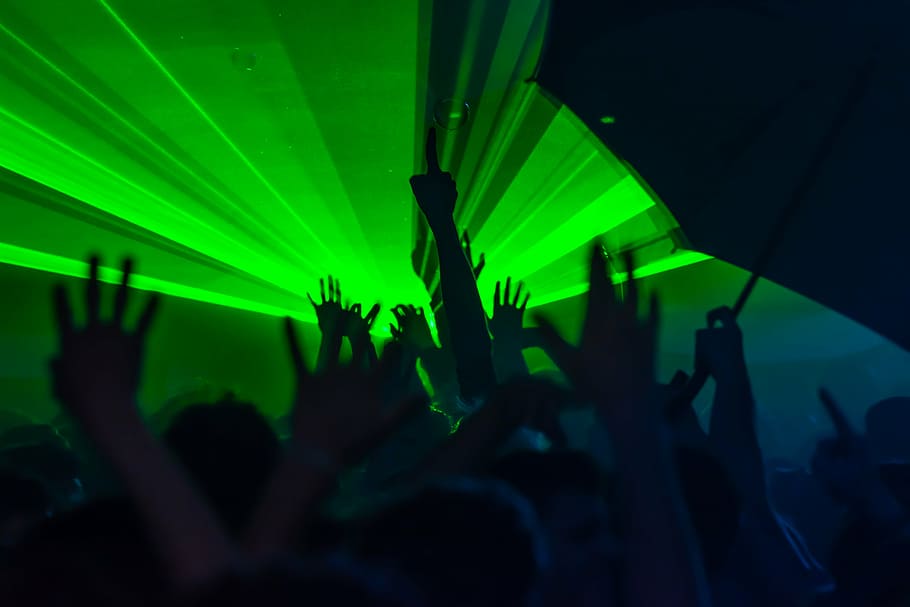 silhouette photography, people, raising, hands, green, light, party, lights, music, night