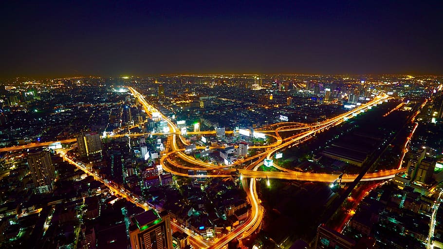 luces del edificio, nocturno, aéreo, bangkok, ciudad, noche, tráfico, iluminado, paisaje urbano, velocidad