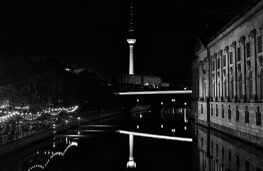 berlin, alexanderplatz, tv tower, capital, germany, places of interest, building, contrast, black, white