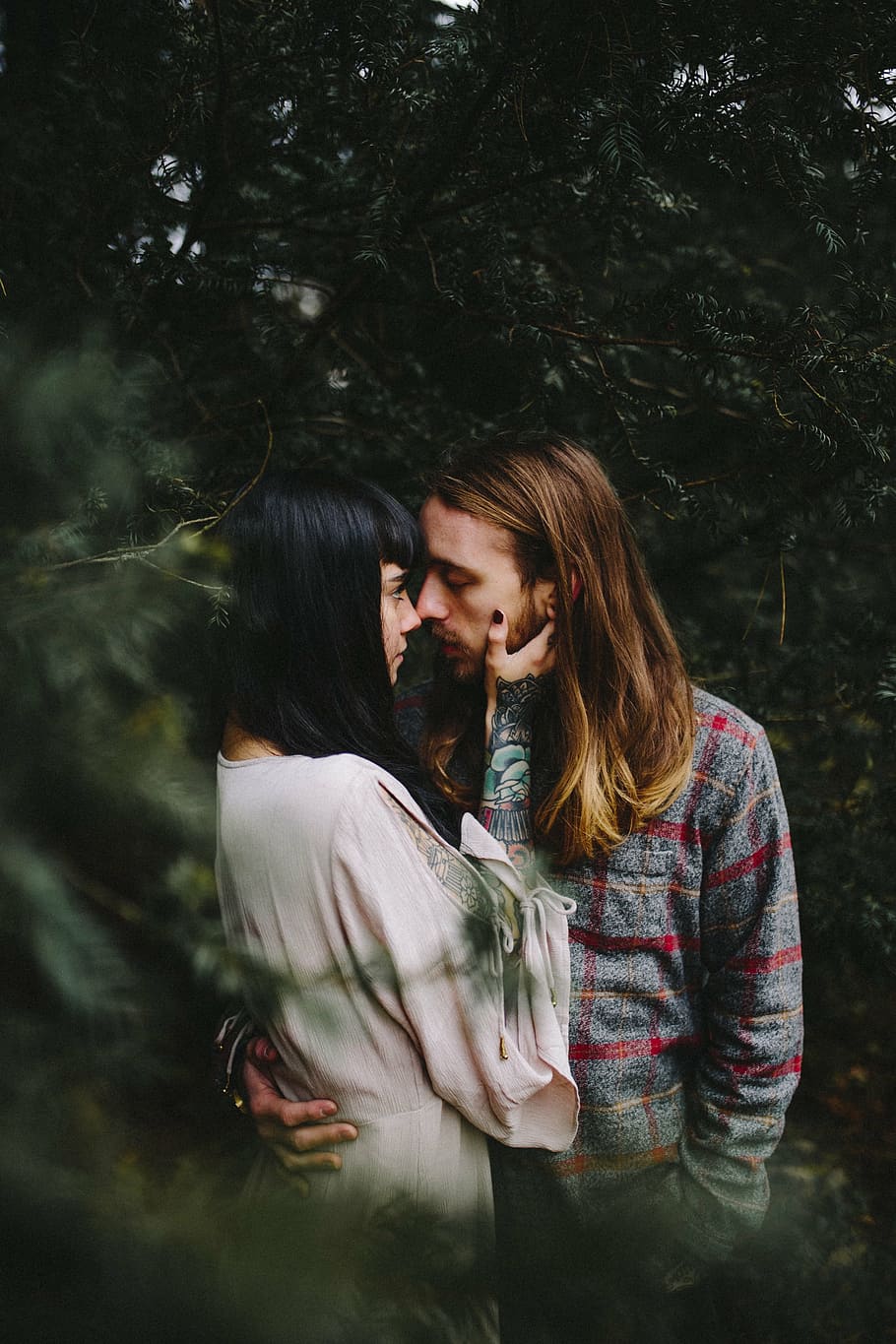man, woman, facing, forest, tree, plant, nature, outdoor, people, couple