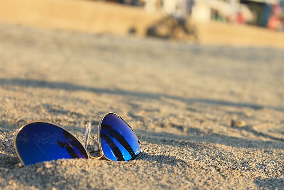 blue, aviator sunglasses, brown, sands, sunglasses, sand, beach, light, sun, summer