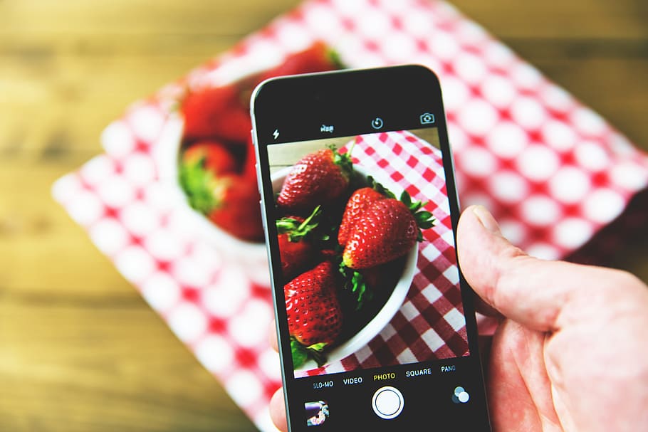 撮影, 写真, 新鮮なイチゴ果実, モバイル, iphoneスマートフォン, 男, イチゴ, 果実, iPhone, スマートフォン