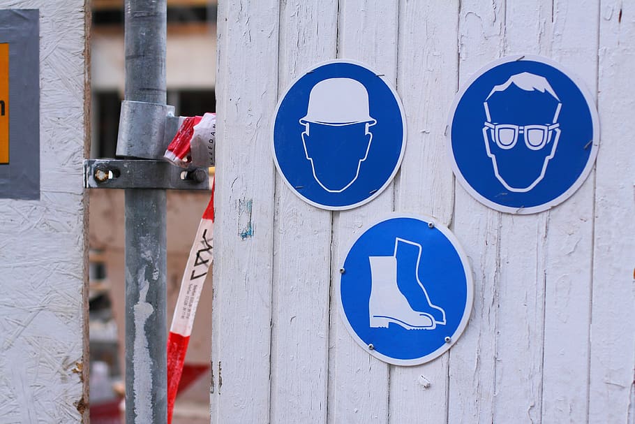 three, blue, white, signages, osh, shield, head protection, helm, eye protection, glasses