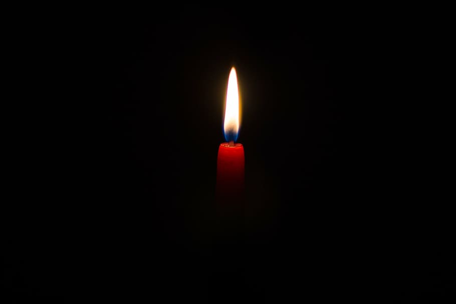 lighted, candle, black, background, dark, night, light, spark, wax, heat