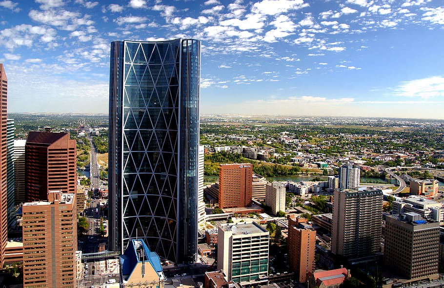 Arco, torre, Calgary, pájaro, ojo, vista, fotografía, rascacielos, edificios, Exterior del edificio