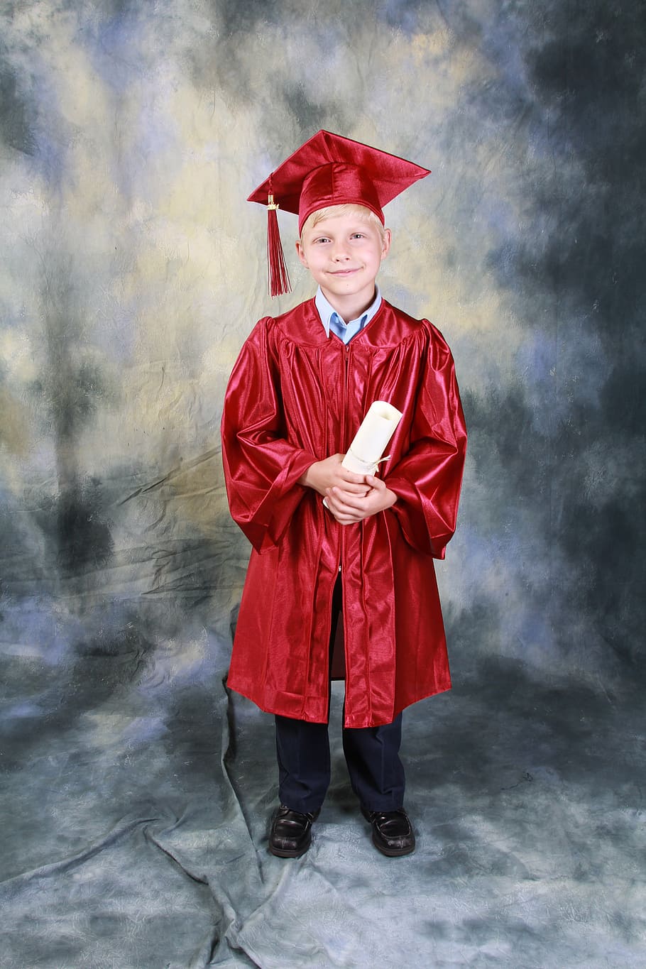 boy, red, academic, gown, holding, diploma, standing, graduation, kindergarten, education