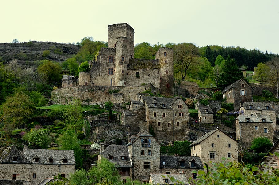 concrete, houses, mountain, Castle, Aveyron, Belcastel, Medieval, village, history, old ruin