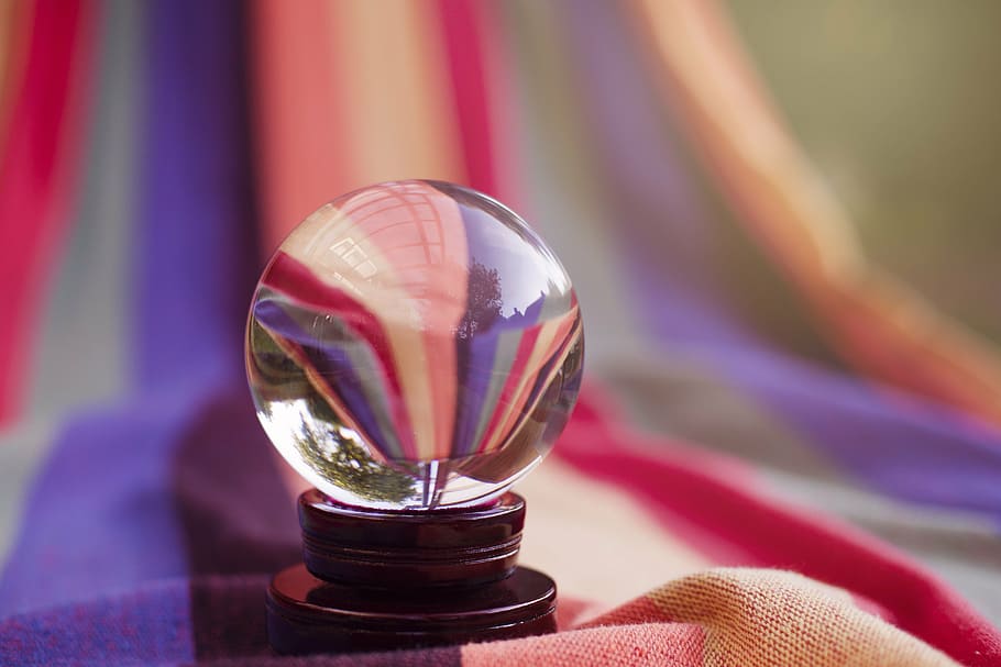 clear, glass water globe, closeup, photography, ball, glass, reflection, mirroring, colorful, fortune telling