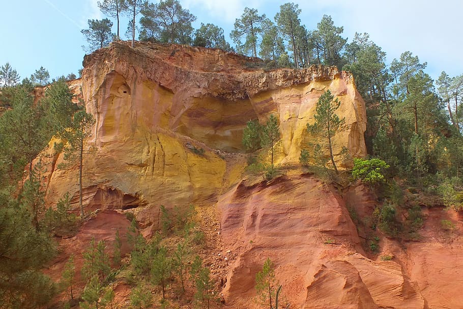 trail, ocher, luberon, france, roussillon, yellow soil, sand cliffs, colors, iron oxide, geology