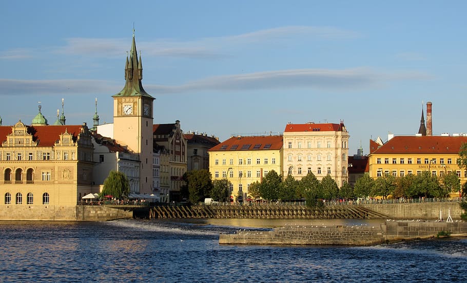prague, vltava, tower, buildings, architecture, built structure, building exterior, building, water, waterfront