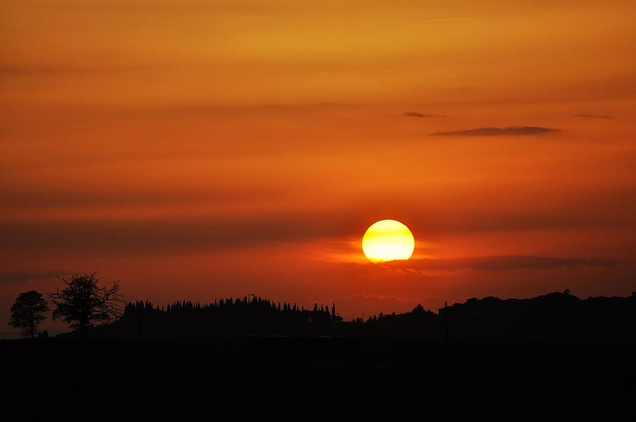 Toscana, silueta, árboles, puesta de sol, cielo, pintorescos - naturaleza, belleza en la naturaleza, escena tranquila, tranquilidad, color naranja