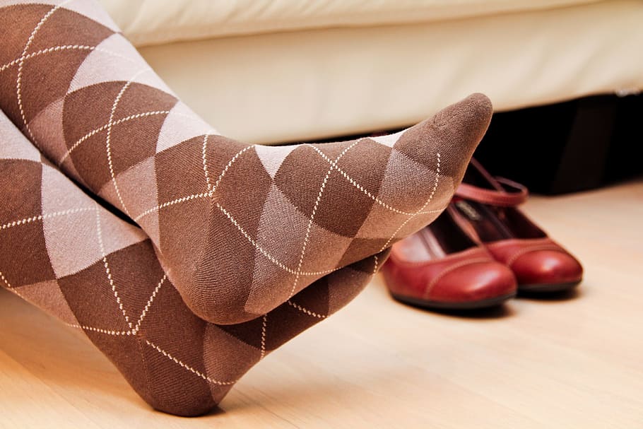 person, wearing, Argyle Socks, Feet, Red Shoes, human foot, human leg, close-up, low section, indoors