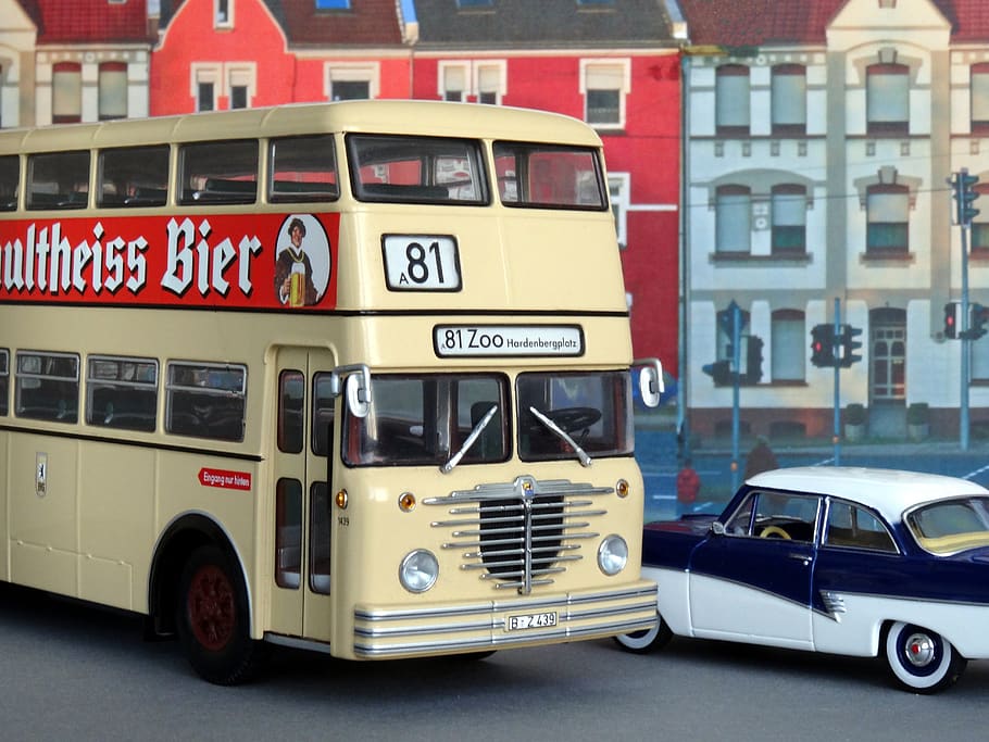 model mobil, bus, double decker, oldtimer, büssing, berlin, diorama, moda transportasi, transportasi, kendaraan darat