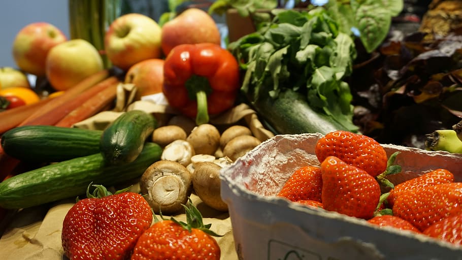 Frutas, Verduras, Mercado, Nutrición, zanahorias, bodegones, compras, alimentos saludables, no tratados, vitaminas