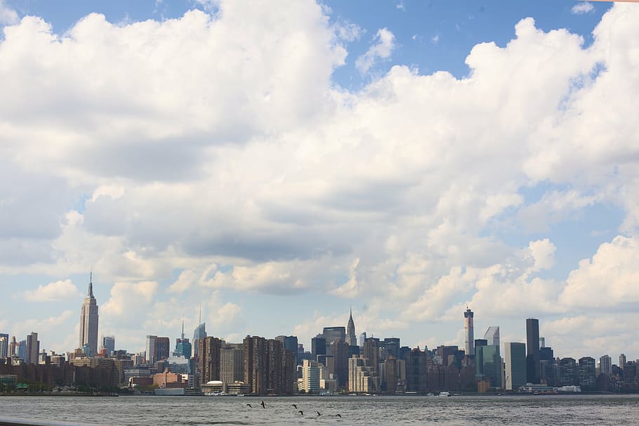 panoramic, buildings, body, water, cityscape, sky, clouds, skyline, view, new york