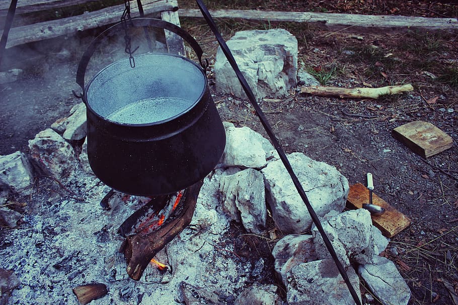 black, cooking pot, firewoods, cauldron, heat, hot, pot, bonfire, camp, campfire