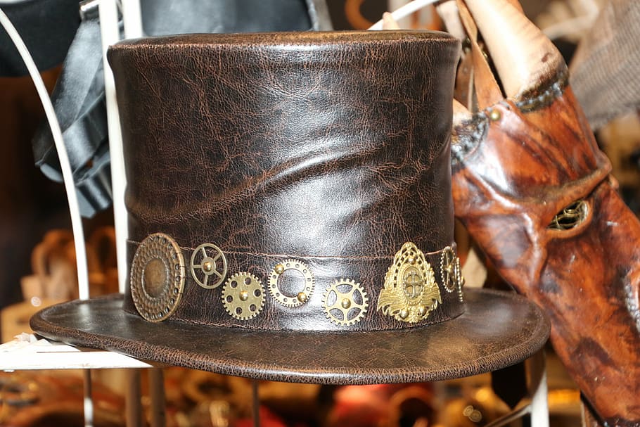selective, photography, brown, black, leather hat, steampunk, hat, topper, day, indoors