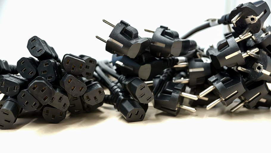 black, 3-prong, 3- prong cable lot, plug, round, electricity, power, computer, electric, energy