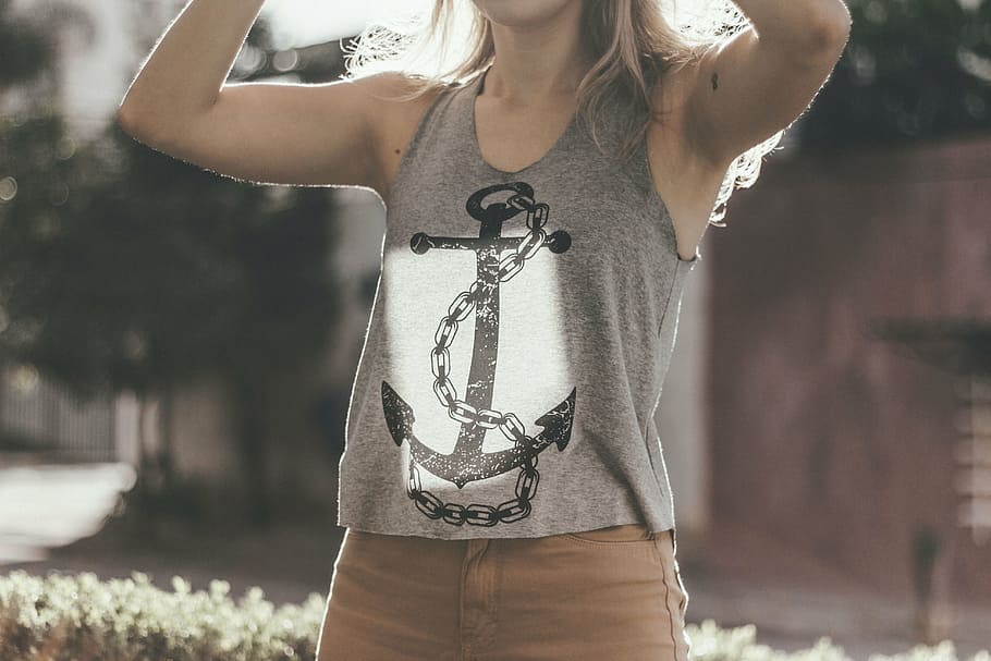 woman, wearing, anchor-printed tank, top, people, sando, anchor, summer, blonde, women