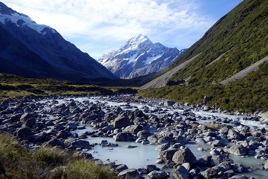 nature, new zealand, mt cook, mountain, beauty in nature, water, scenics - nature, sky, mountain range, tranquil scene