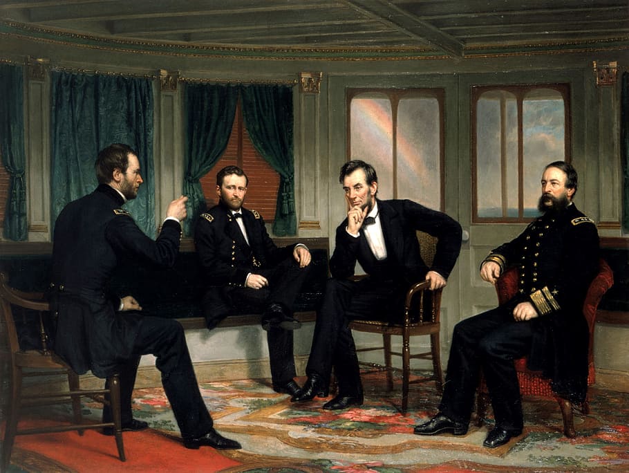 Линкольн, джентльмены, живопись разговоров, глава государства, президент, обсуждение, консалтинг, консультирование, миротворцы, генерал Уильям Т Шерман