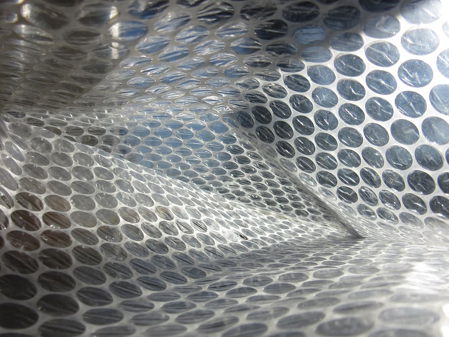 invólucro com bolhas de ar, golpe, embalagem, material de embalagem, regularmente, padrão, geometria, resumo, transparente, close-up
