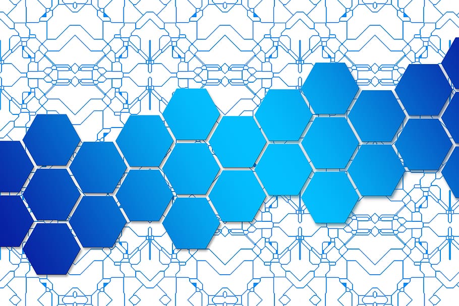 blue, white, diagram illustration, honeycomb, hexagon, icon, networks, internet, social, social network